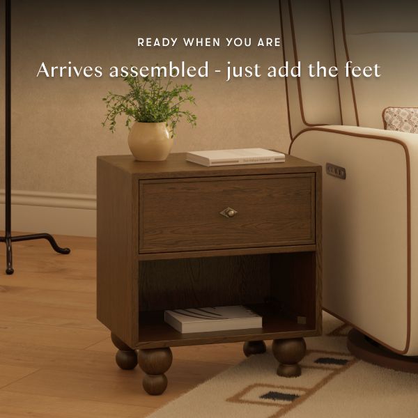 Astre nightstand by Nate Berkus in toffee with drawer, open shelf, feet and message Arrives assembled just add the feet