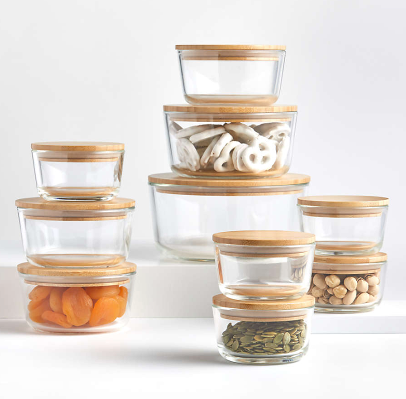 Crate & Barrel Round 20-piece Bamboo Glass Storage Set with Bamboo Lids