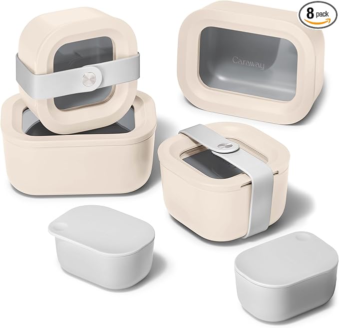 Caraway Mini Food Storage 11pc Set - Glass Storage Containers for Food - Non-Toxic Ceramic-Coated Glass - Air Release Technology - Compact & Stackable Design - Cream