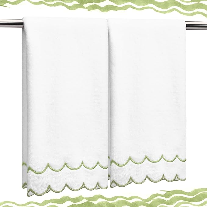 2 Pcs 100% Cotton Hand Towels for Bathroom Embroidered Decorative 15.75 x 27.56 Inch Scalloped Hand Towels 500 GSM Soft Absorbent Hand Face Towel for Hotel Spa Sport Yoga (Sage Green)