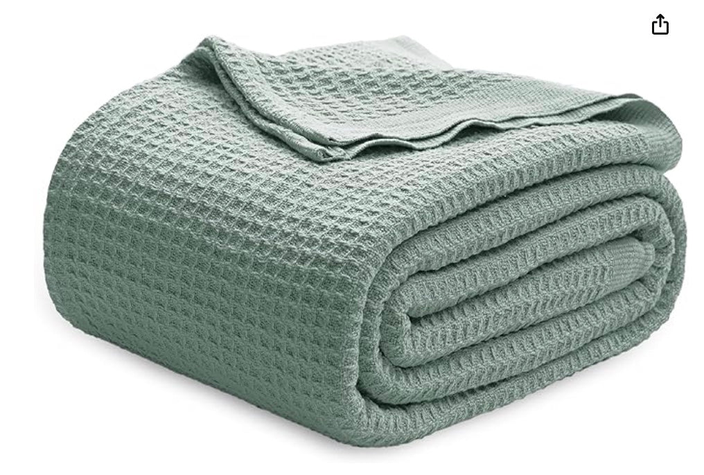 Bedsure 100% Cotton Blankets Queen Size for Bed - Waffle Weave Blankets for Summer, Lightweight and Breathable Soft Woven Blankets for Spring, Sage Green, 90x90 Inches