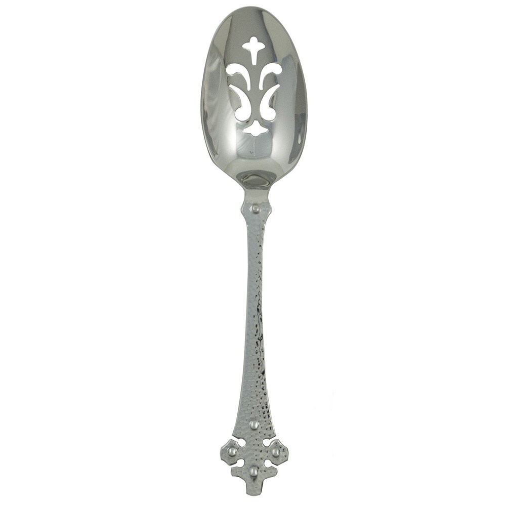 Front view of Celtic serving spoon showcasing pierced decorative bowl and hammered 18/10 stainless steel handle