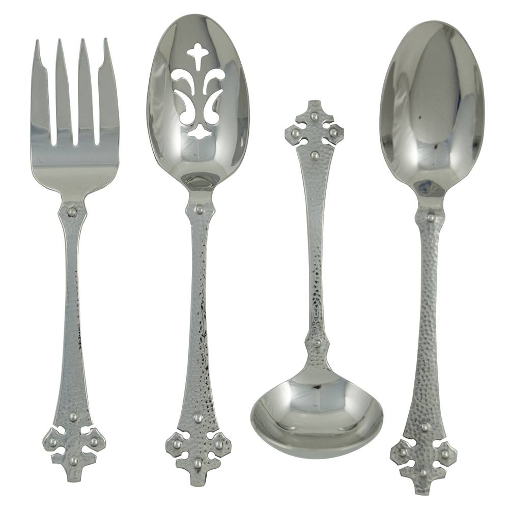 Celtic 4-piece hostess set in hammered stainless steel showing serving fork, pierced spoon, ladle, and serving spoon on white background