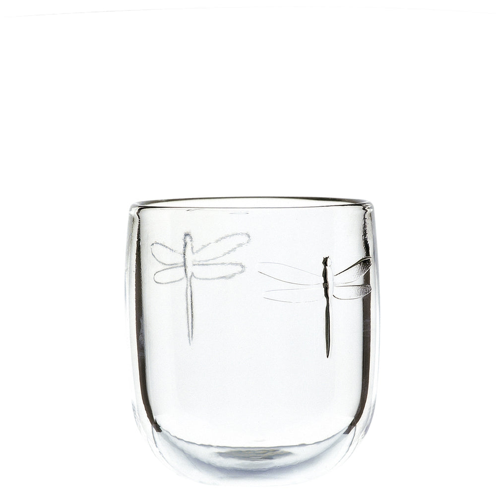 Front view of Dragonfly tumbler showcasing etched dragonfly motif on clear glass with white background