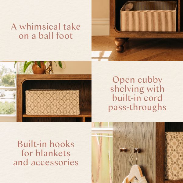 Bookcase feature collage showing a whimsical ball foot, open cubby shelving with cord pass-throughs, and hooks for blankets and accessories