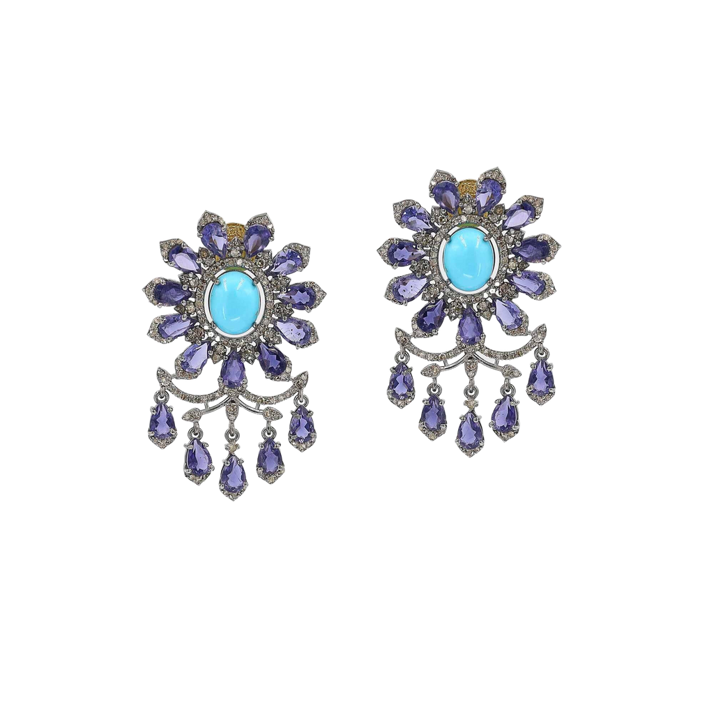 Vrishti Diamond, Turquoise, and Iolite Earrings