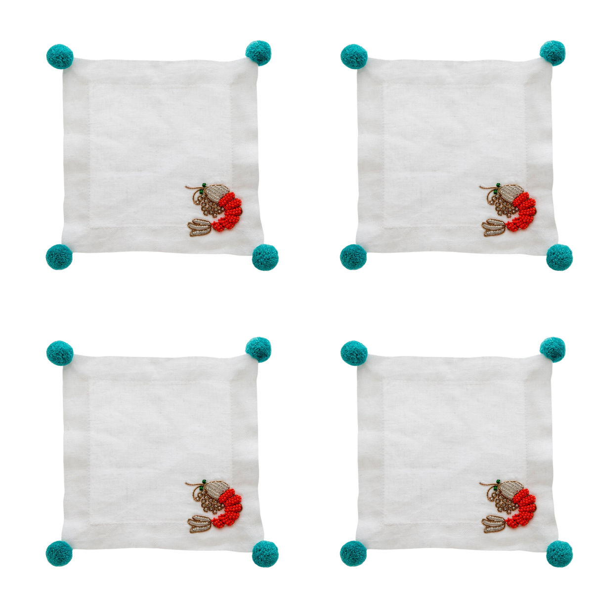 Top view of Shrimp Cocktail Napkins showcasing coral bead shrimp embroidery and turquoise pompoms on a black background