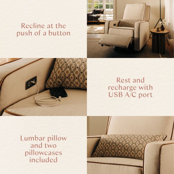 Feature collage showing push-button reclining, USB AC port, lumbar pillow, and two included pillowcases