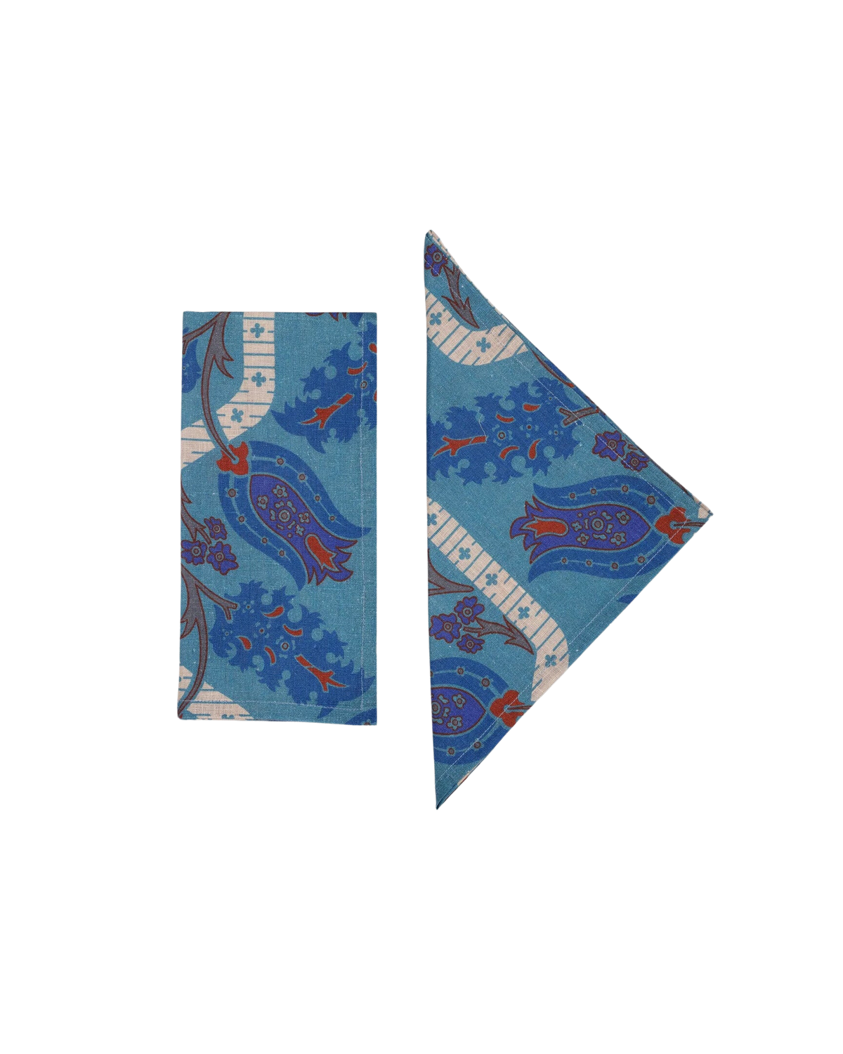 View of Topkapi Napkins, Set of 4 showcasing blue Turkish tile inspired linen pattern on a black background