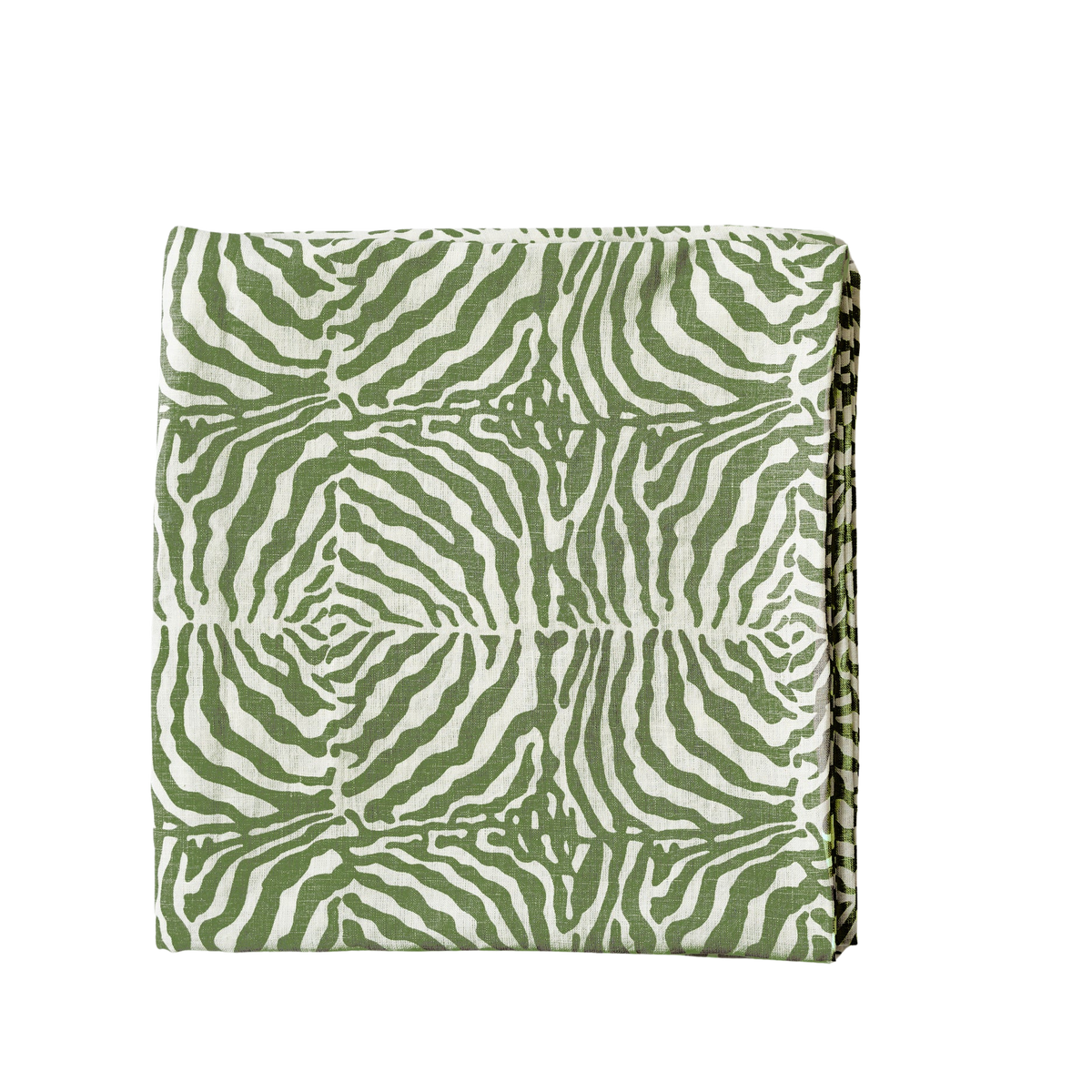 Folded view of Green Zebra tablecloth showcasing green zebra print and linen texture on black background