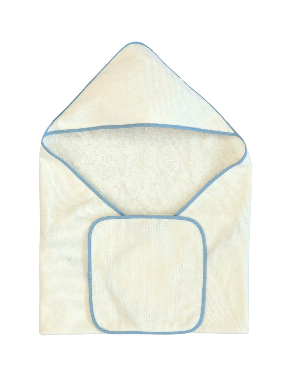Top-down view of hooded bath towel and matching washcloth showcasing blue piped trim on cream organic terry against black background