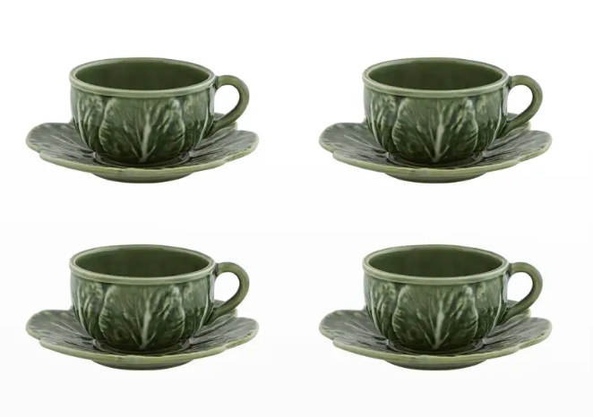Bordallo PinheiroCabbage Teacup & Saucers, Green - Set of 4