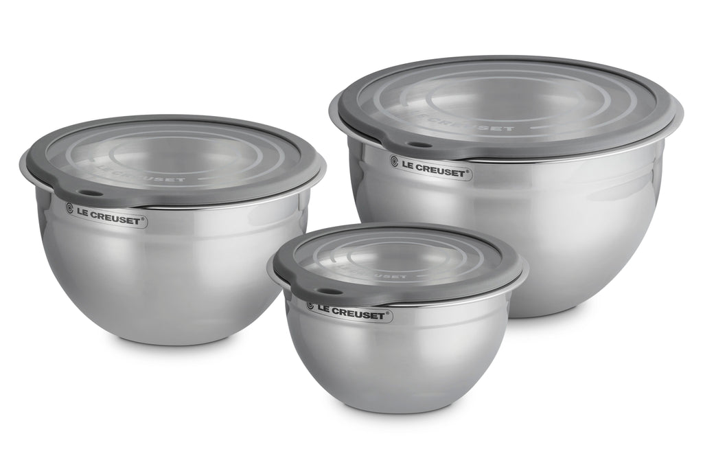 Le Creuset Stainless Steel Mixing Bowls with Glass Lids, Set of 3, , No Color
