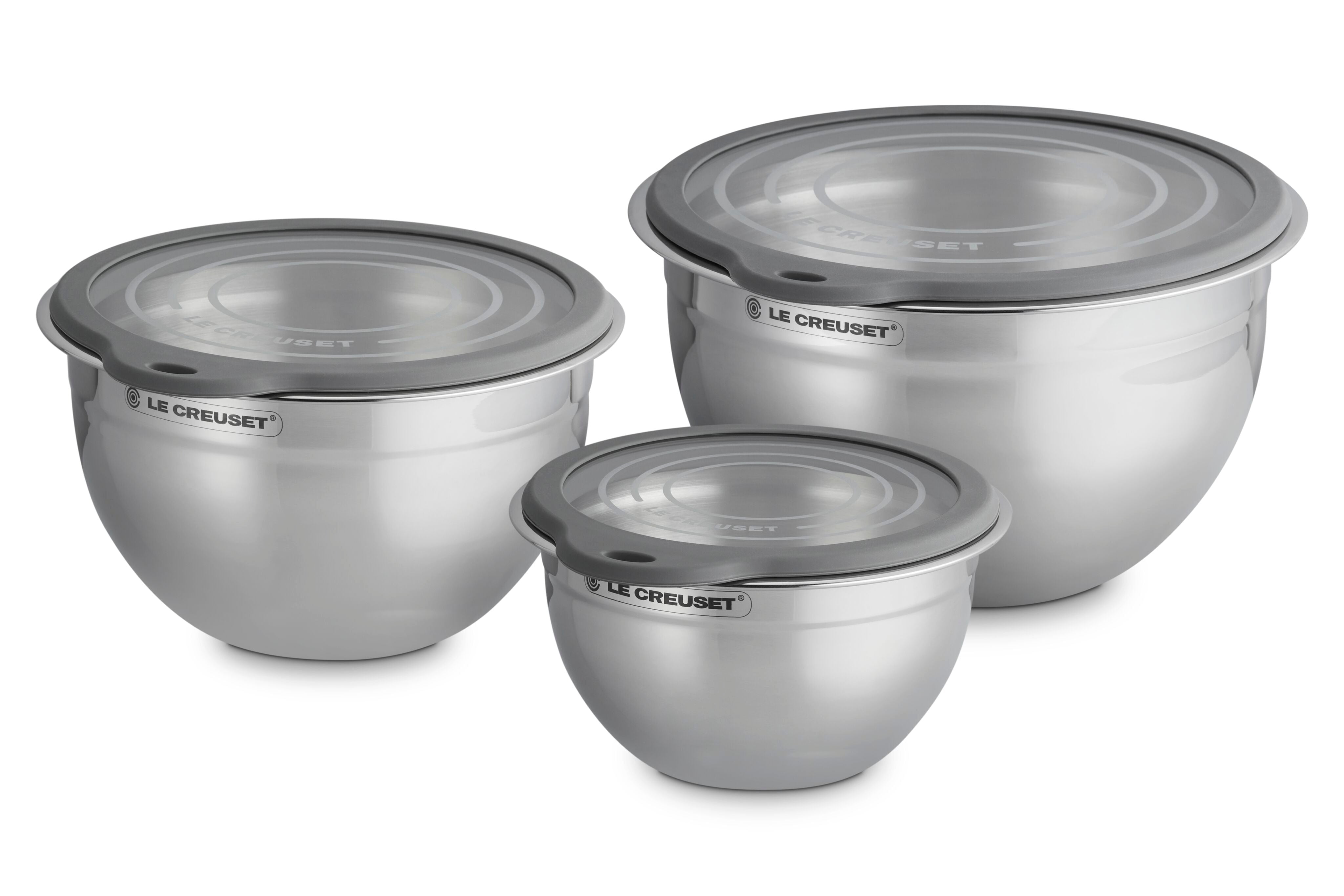 Le Creuset Stainless Steel Mixing Bowls with Glass Lids, Set of 3, , No Color