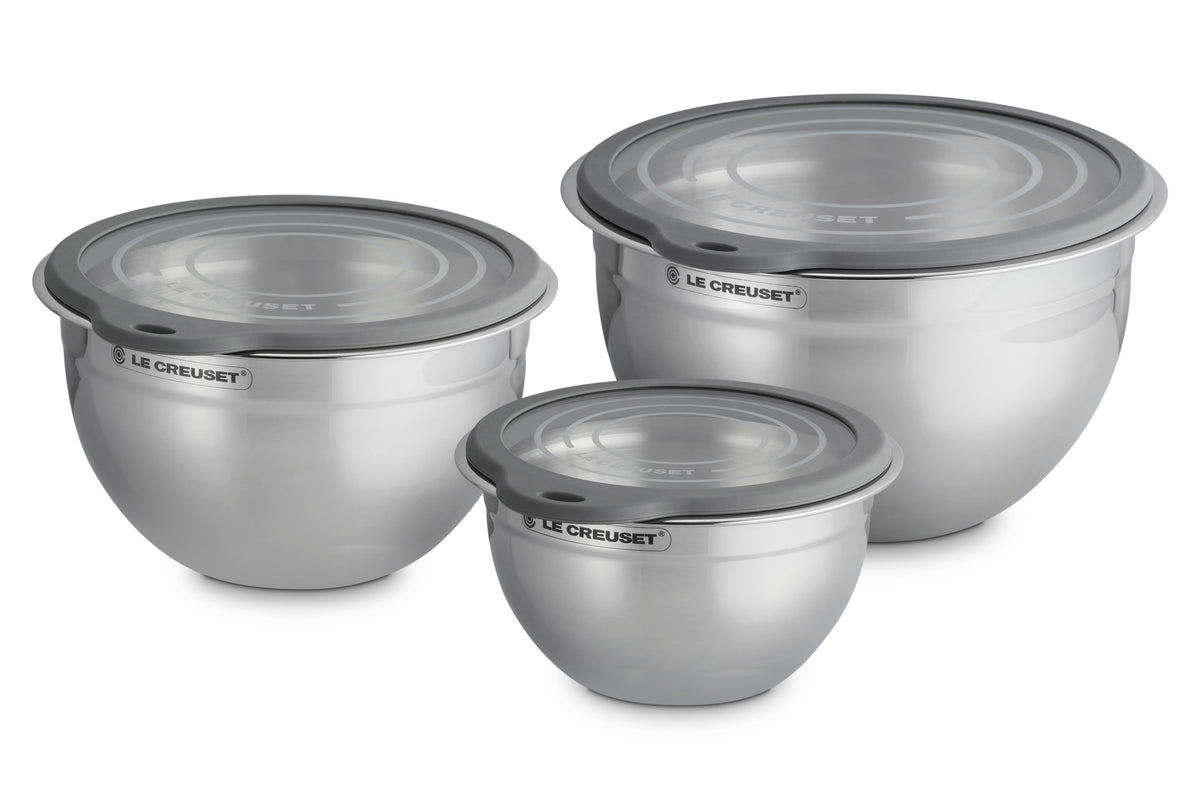 Le Creuset Stainless Steel Mixing Bowls with Glass Lids, Set of 3, , No Color