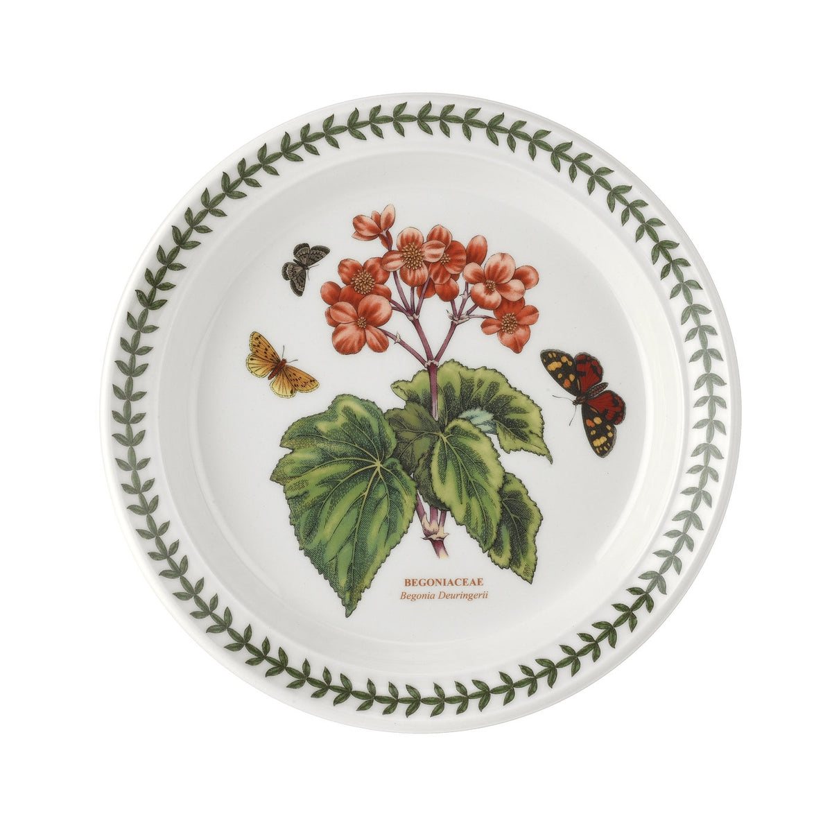 Front view of Botanic Garden 4-Piece Place Setting showcasing begonia flowers, butterflies, and a green leaf border