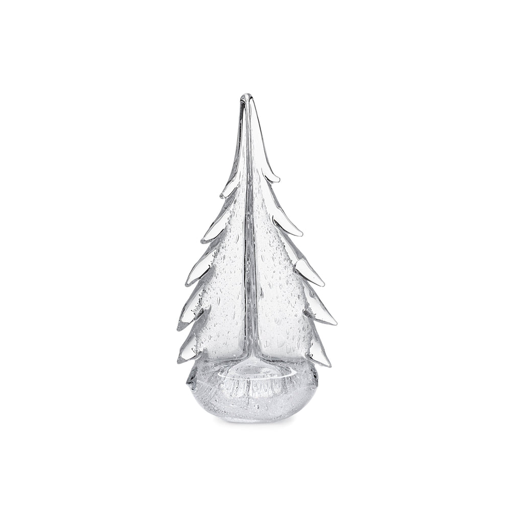 Front view of Vela Evergreen handblown glass tree showcasing textured bubbled finish on white background