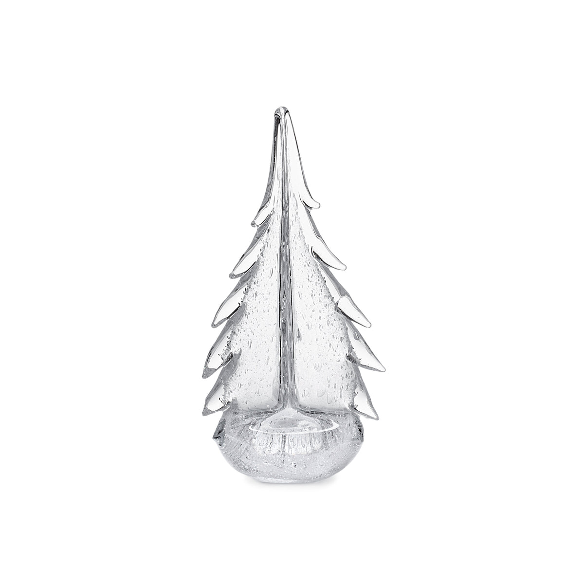 Front view of Vela Evergreen handblown glass tree showcasing textured bubbled finish on white background