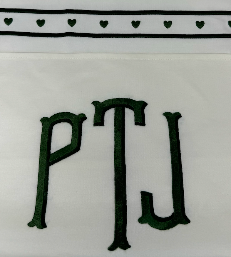 Boudoir Cases with Green Framed Heart Full Border (will go fully around monogram in the real version) and Green Monogram