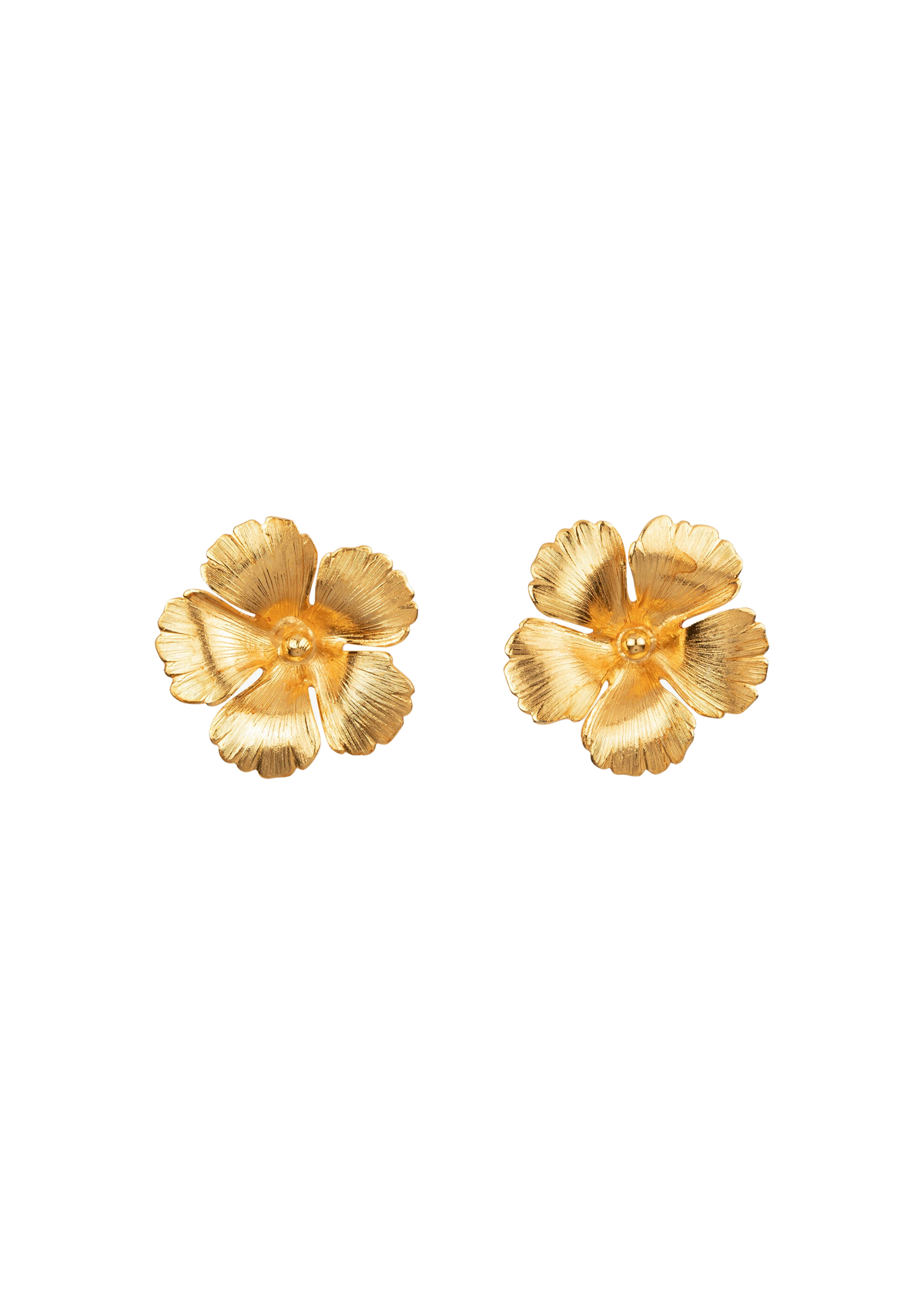 Front view of Rowena Earrings showcasing textured antique gold-tone flower petals with a black background