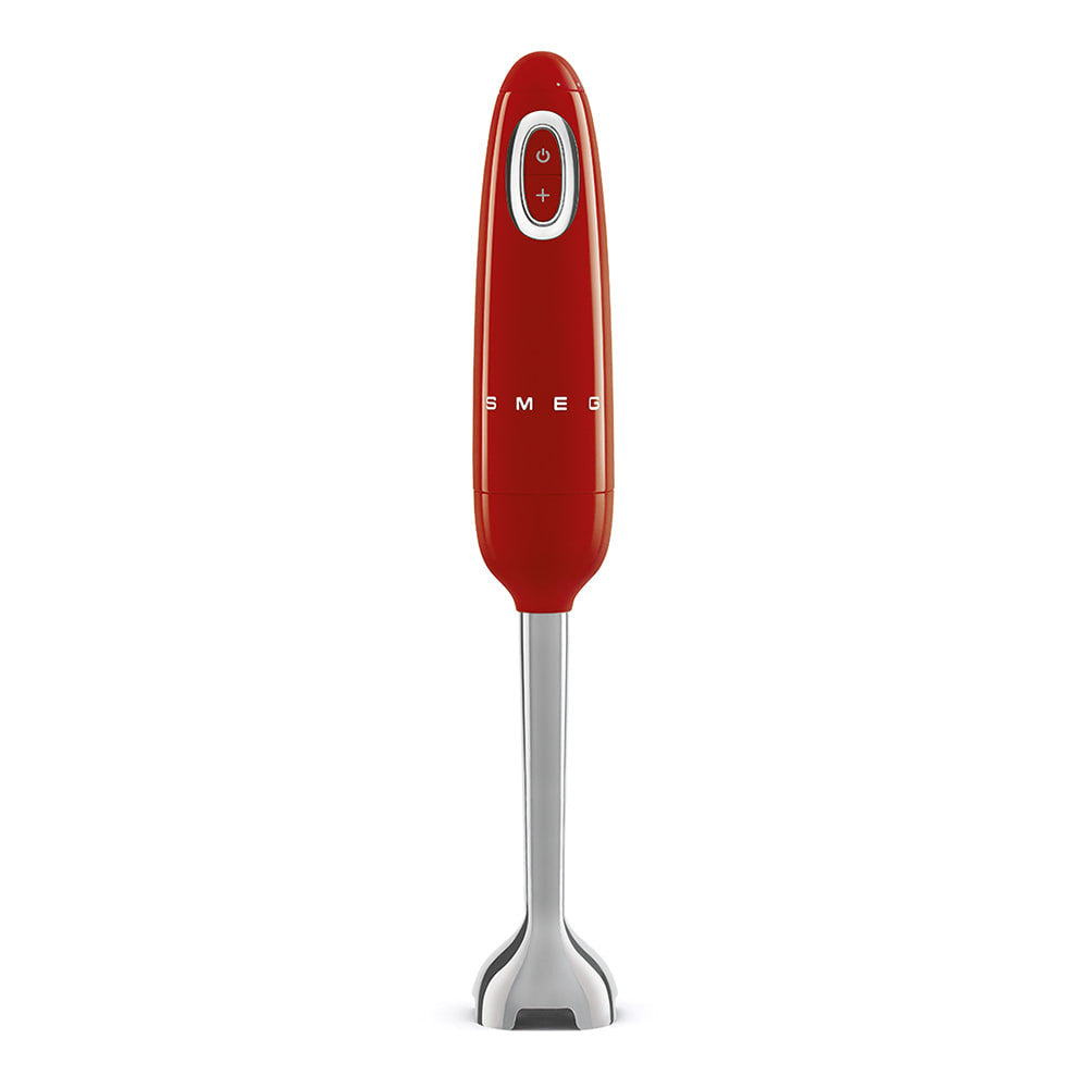Front view of SMEG retro hand blender in red showcasing control buttons and stainless steel blending shaft on white background