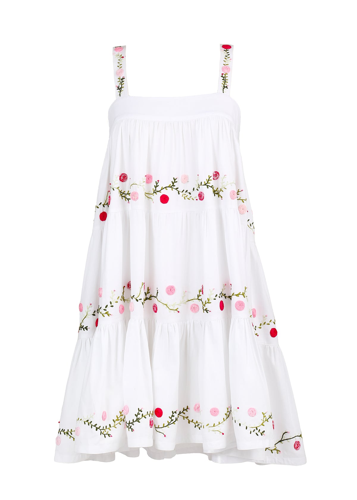 Front view of OTM Exclusive Lila Short Dress showcasing pink and green floral embroidery with a white background