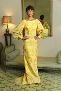 Full Sleeve Slim Gown with Train in Yellow and Gold