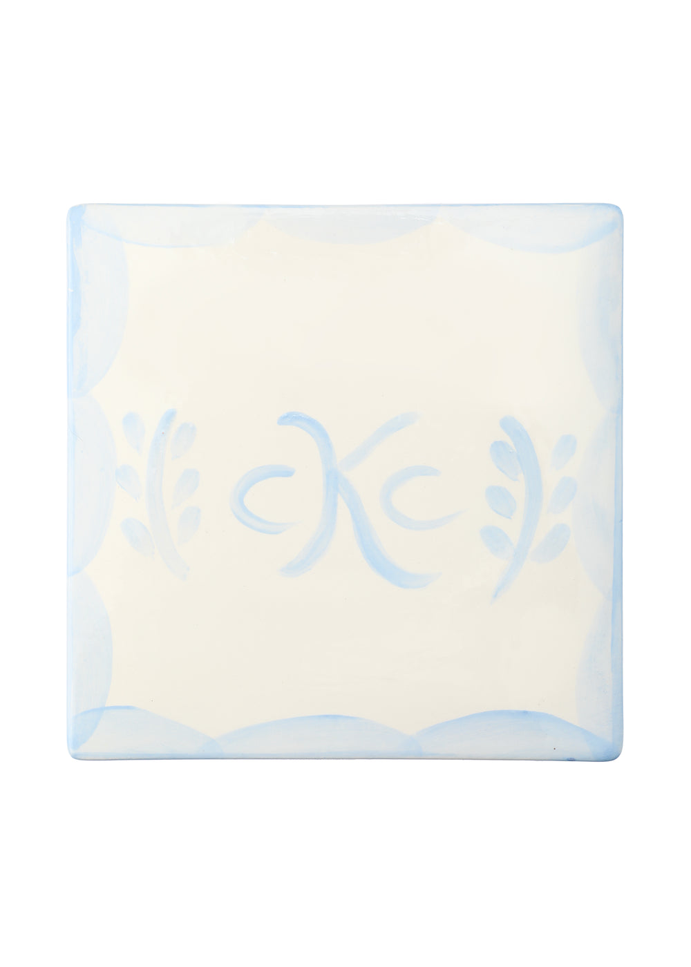 Top view of Trinket Baby Box showing hand painted pale blue scallop border and central floral motif on white background