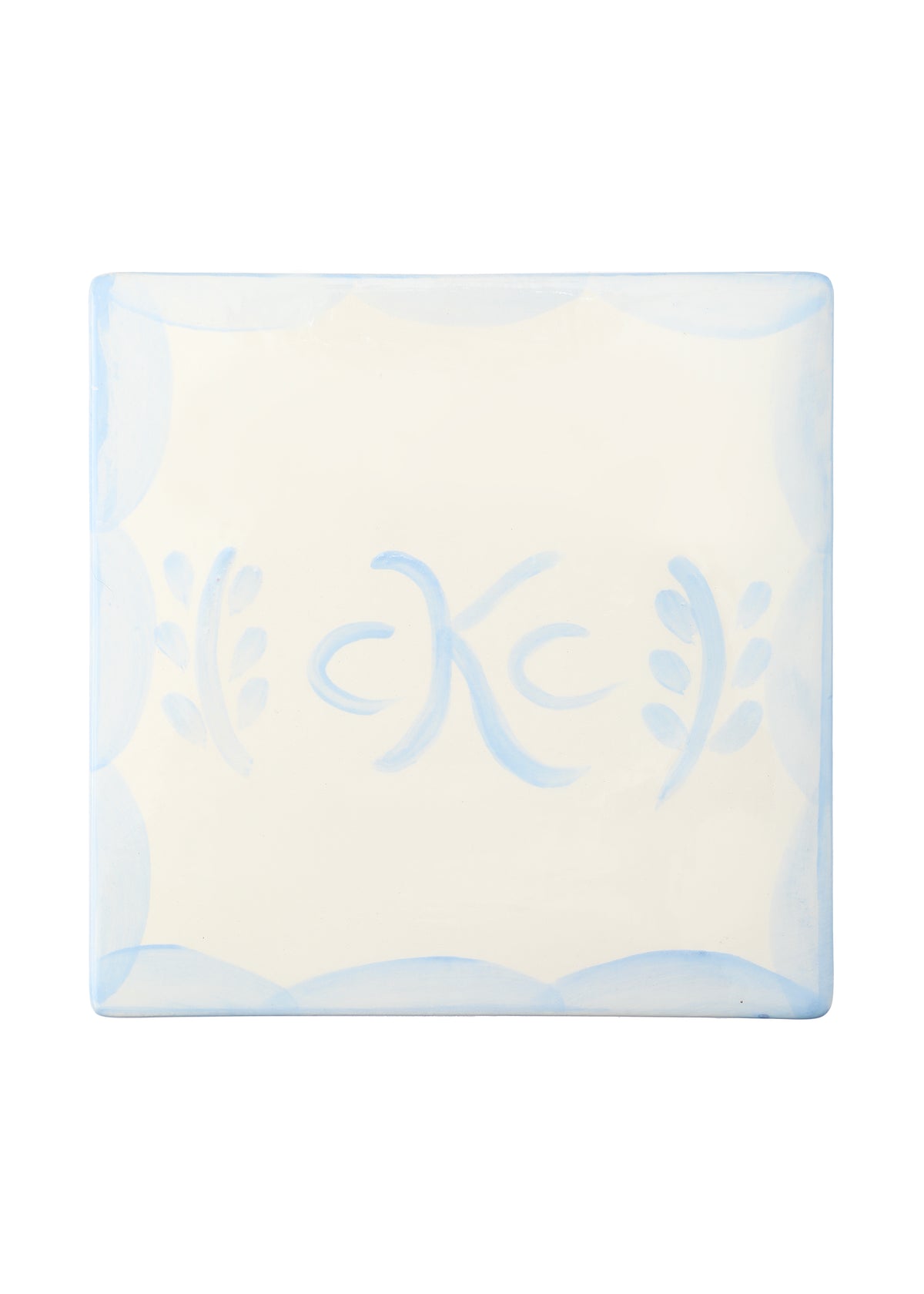 Top view of Trinket Baby Box showing hand painted pale blue scallop border and central floral motif on white background