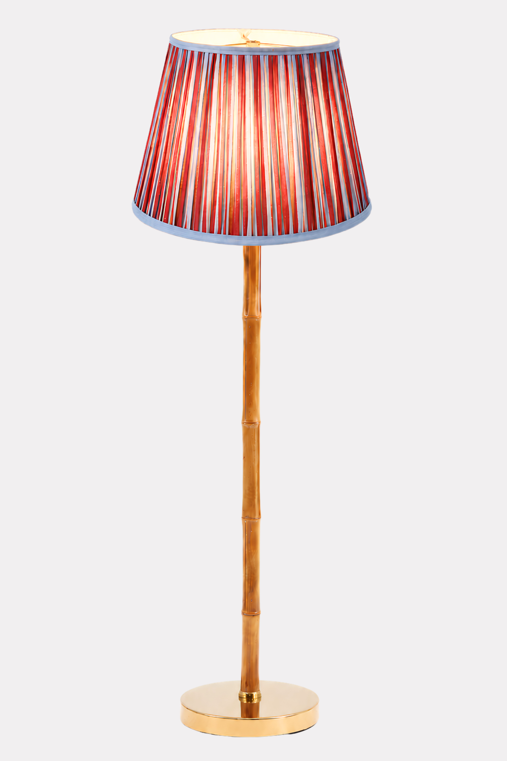 16" pleated empire lampshade with vibrant red-blue striped pattern, gold bamboo base - Inner Child