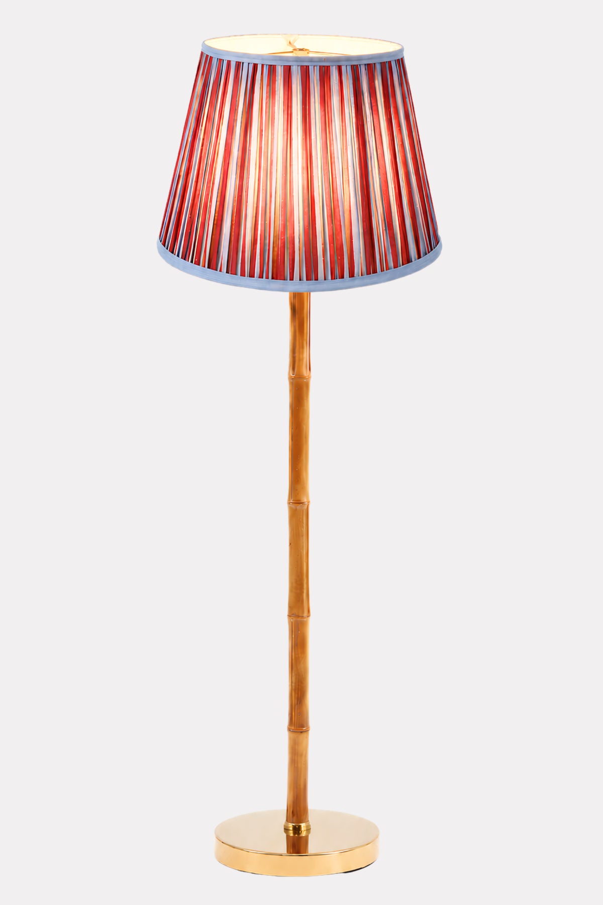 16" pleated empire lampshade with vibrant red-blue striped pattern, gold bamboo base - Inner Child