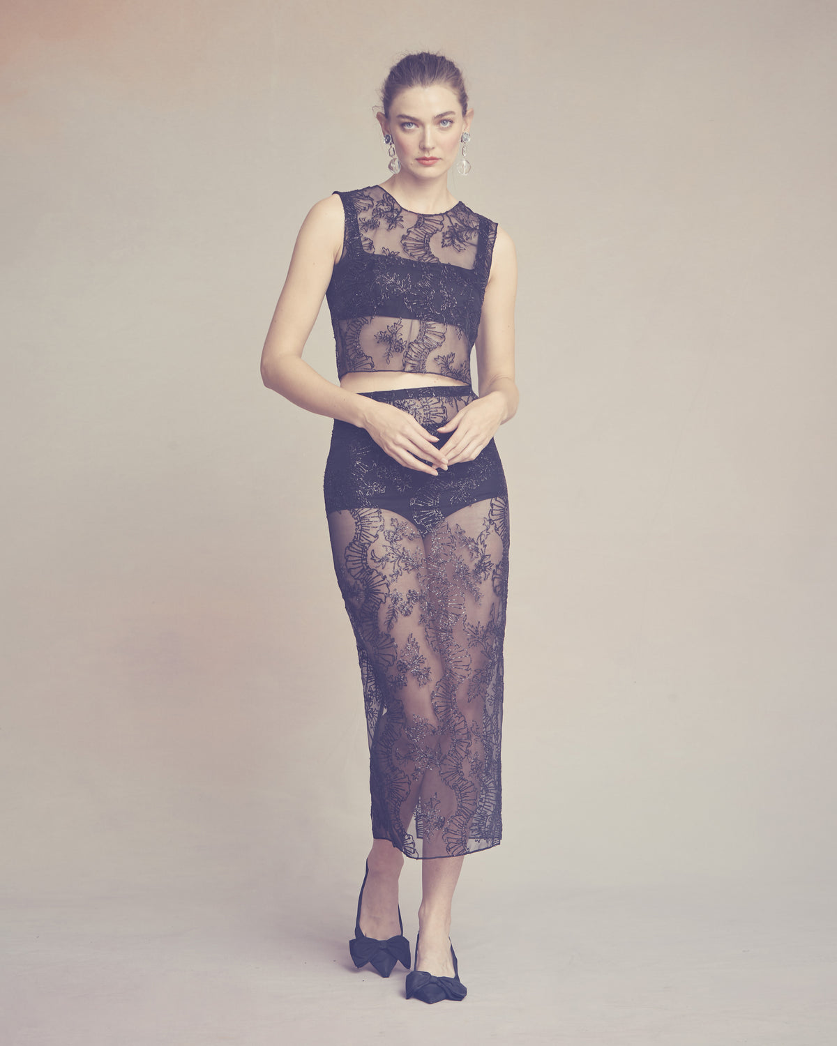 Effie Pencil Skirt in Black Organza with Ribbon Embroidery