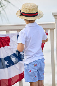 Little English traditional children's clothing.  Blue gingham shorts with all-over American flag embroidery for boys.  Boy's shorts for 4th of July.