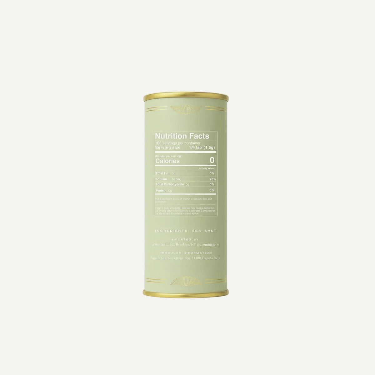 SEA SALT Canister with nutrition facts label on a white background