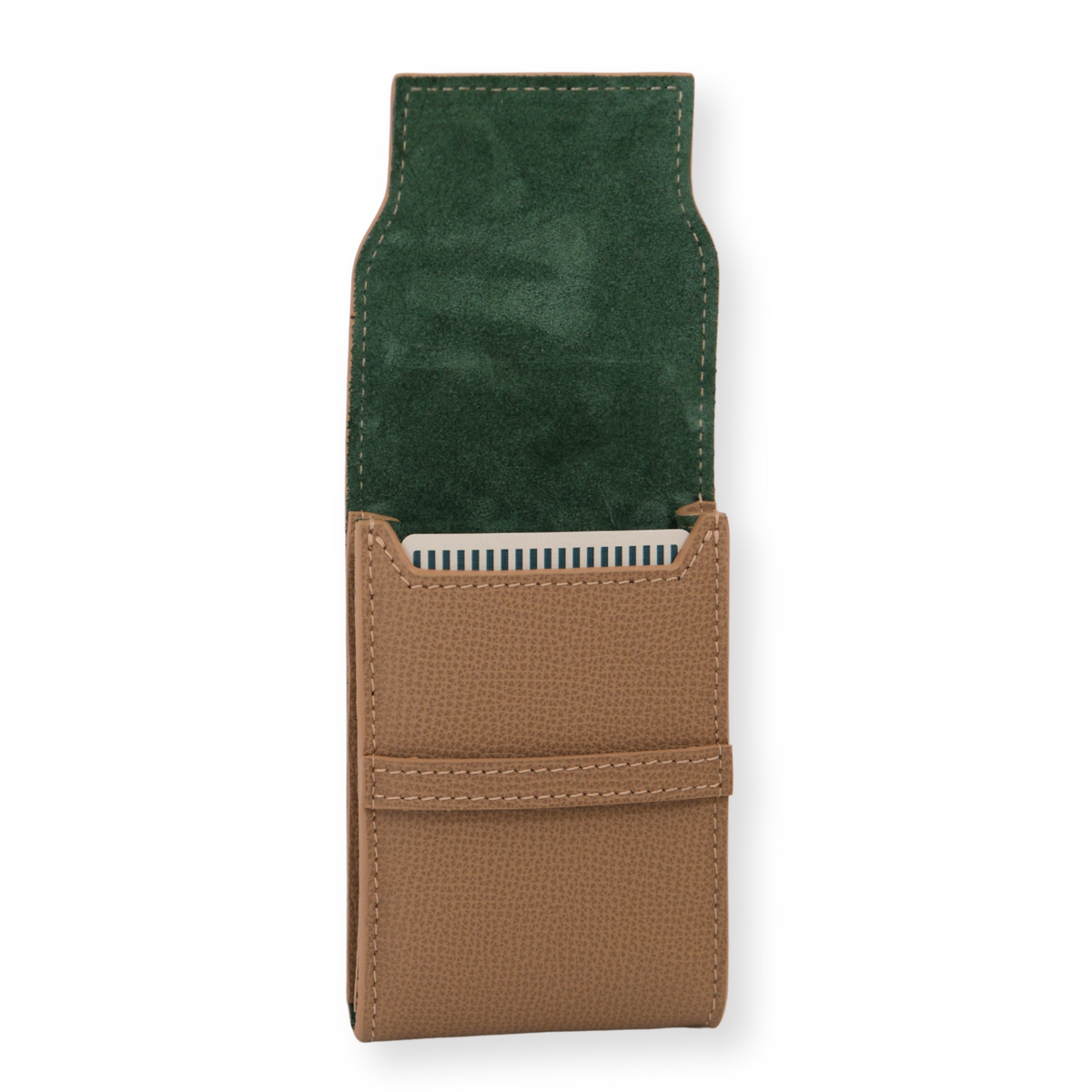 Front view of Palmilla leather playing card case open to show tan pebbled Italian leather exterior and green suede lining with a striped card deck on white background