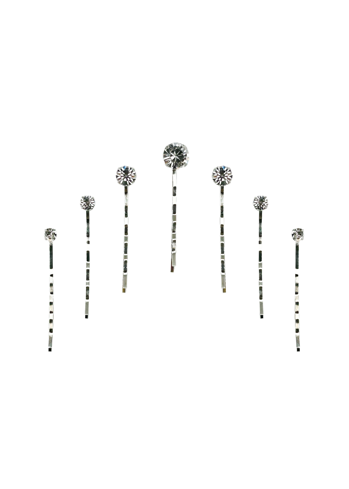 Front view of Misha Bobby Pins showcasing seven graduated Austrian crystal pins on a black background
