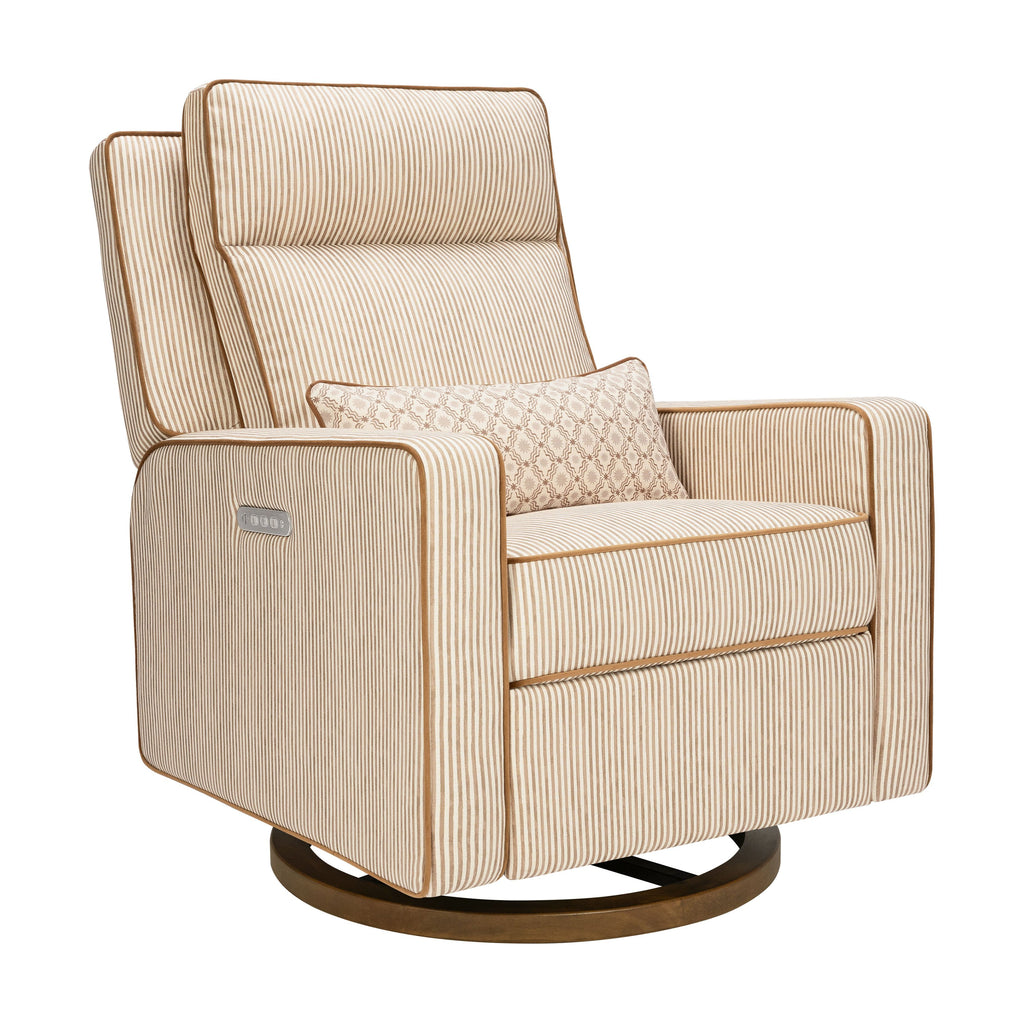 Front three-quarter view of Sigi Pro Power Recliner with bronze stripe upholstery and toffee base on white background