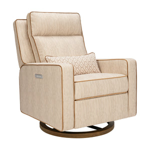 Front three-quarter view of Sigi Pro Power Recliner with bronze stripe upholstery and toffee base on white background