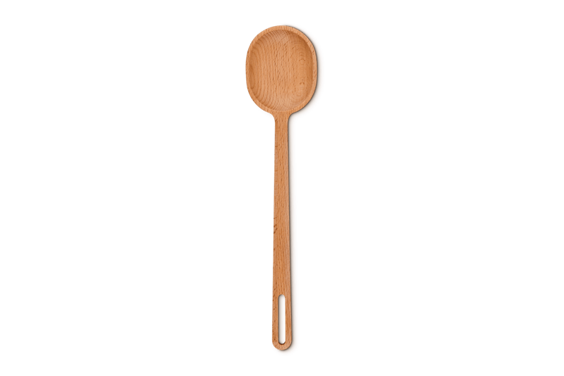 Top-down view of Signature Wood Spoon in beech wood showing rounded bowl and long handle with hanging slot on plain background
