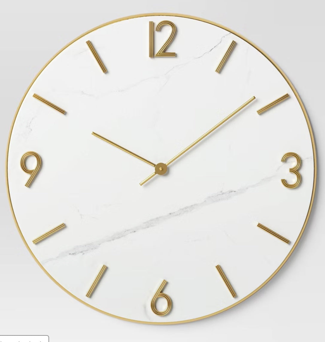 26" Faux Marble Finished in Polished Brass Wall Clock White - Threshold™: Elegant Timepiece for Indoor Use