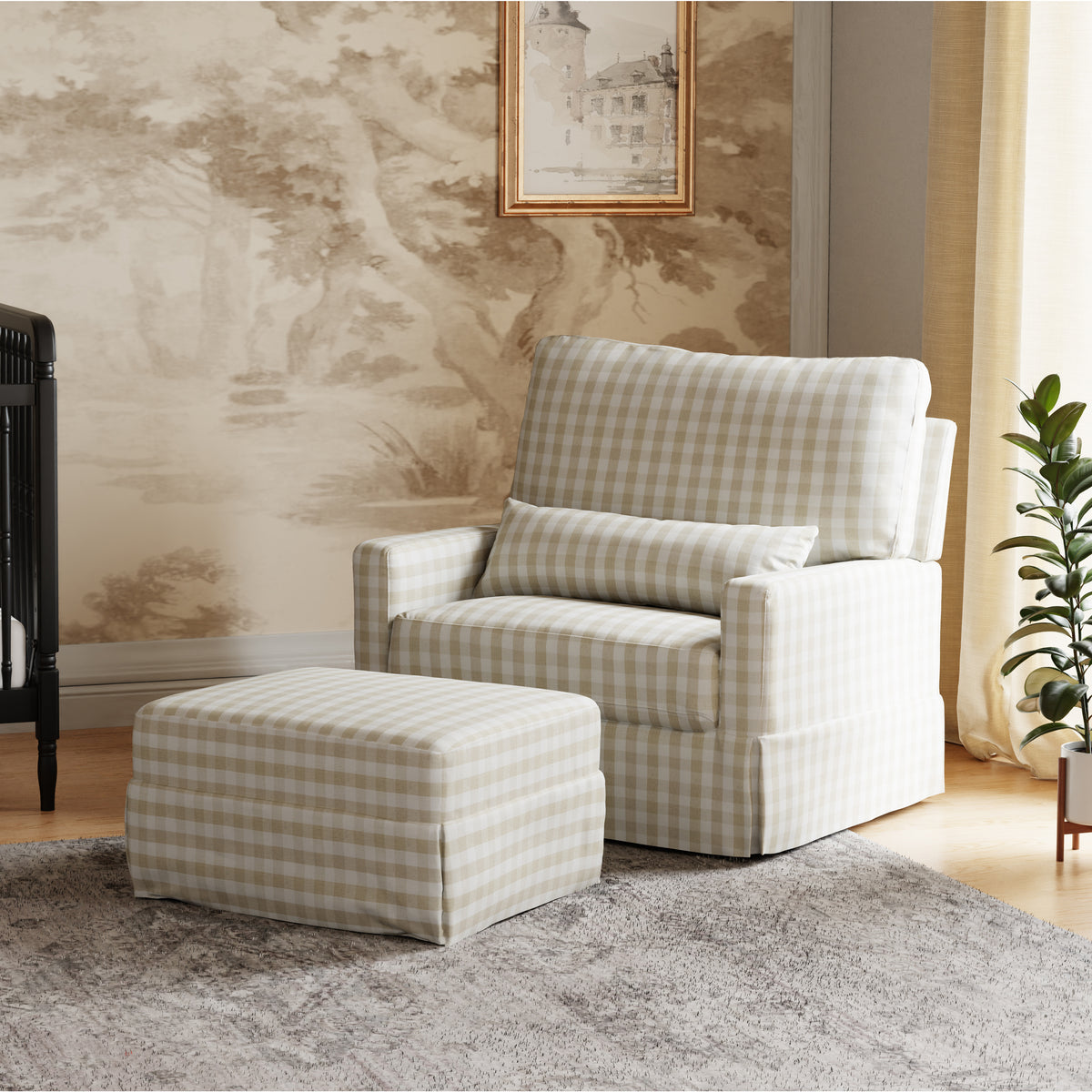 Three quarter view of Crawford Pillowback chair and a half swivel glider in tan gingham with lumbar pillow and matching ottoman