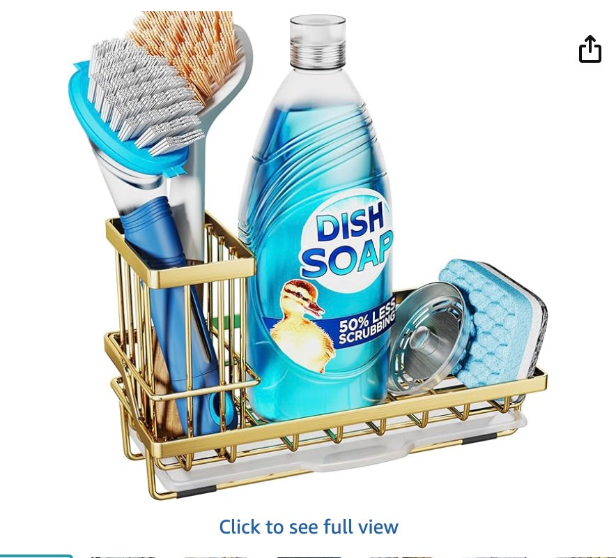 Consumest Sink Caddy, Kitchen Sponge Holder with Dish Brush Holder, Kitchen Sink Organizer with Drip Tray for Countertop, Stainless Steel Rustproof - Gold