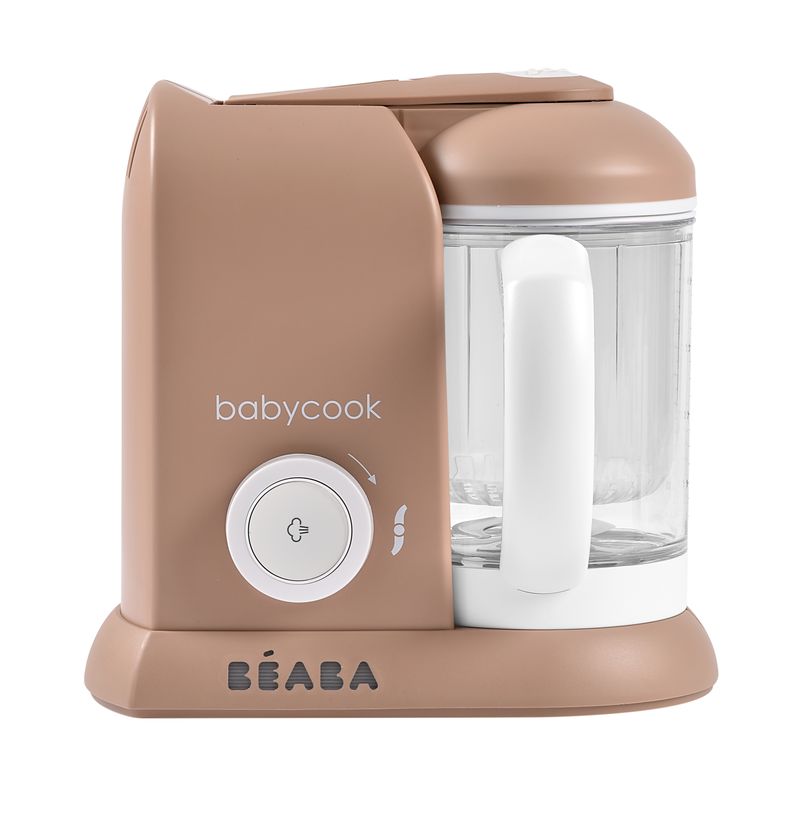 Front view of Babycook Solo in Praline showcasing its clear food processing bowl and white handle against a white background