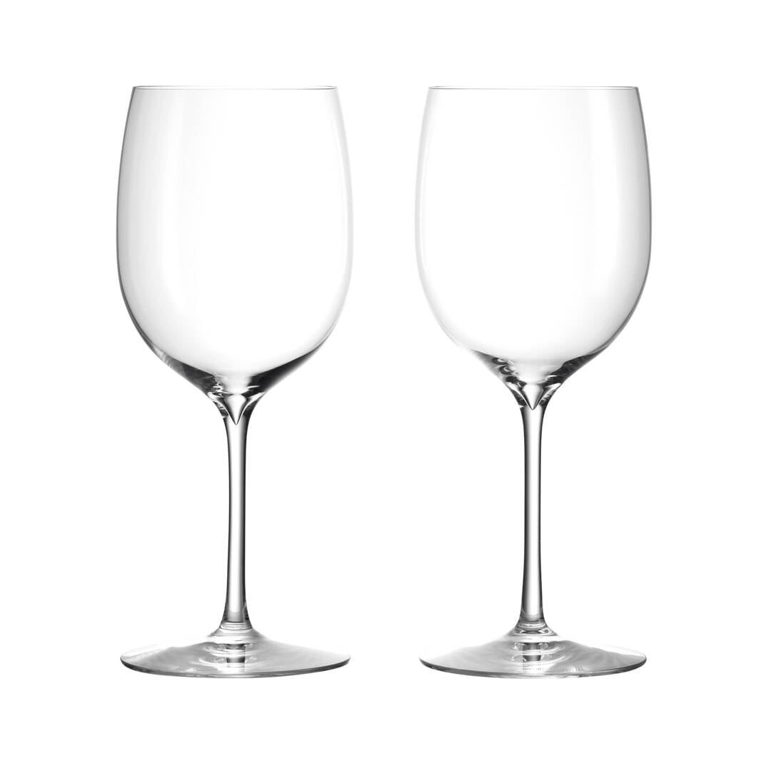Front view of Elegance Bordeaux crystal wine glasses, set of 2 showcasing tall tapered bowls and slender stems on white background