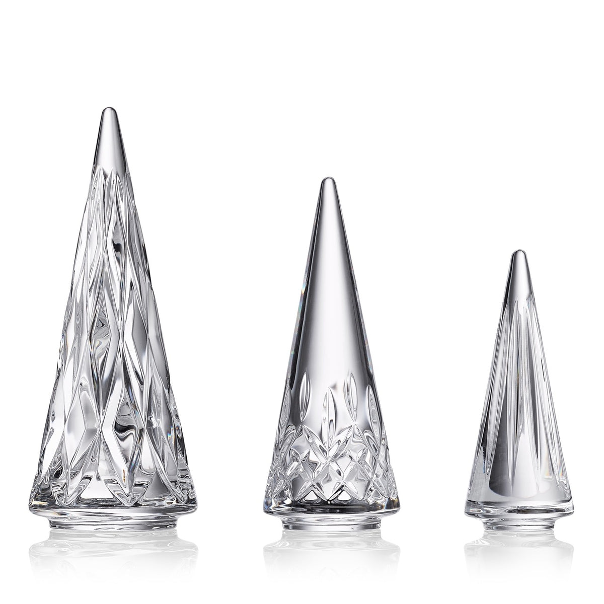 Front view of Waterford Lismore Standing Tree Set of 3 showcasing three clear crystal trees with diamond and wedge cuts on white background