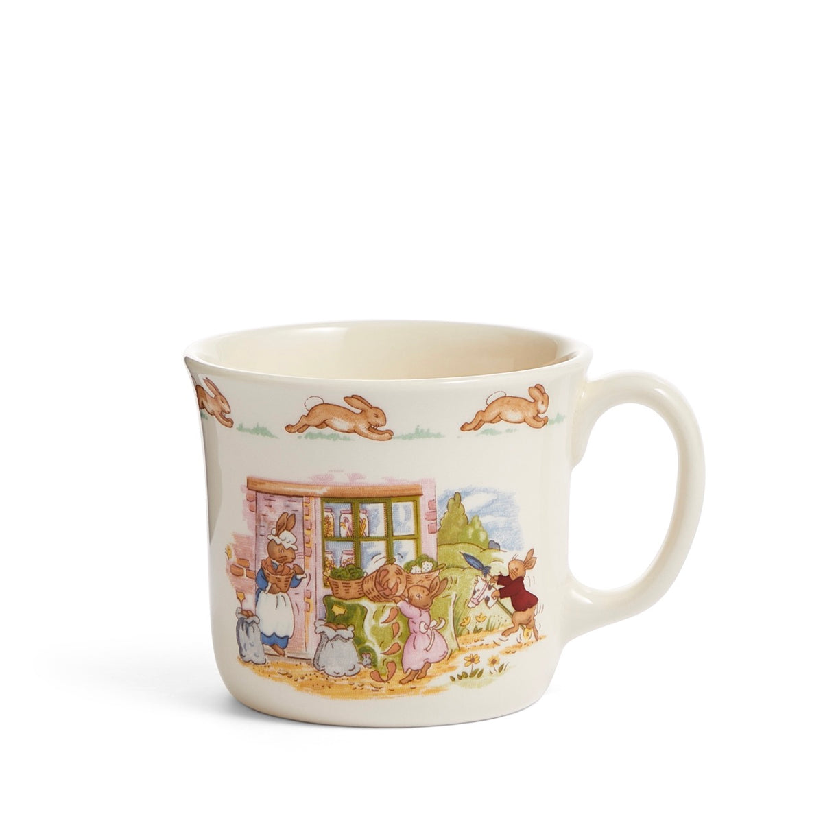 Front view of Bunnykins Hug-a-Mug, 1 Handle showcasing rabbit village scene and running bunny border with white background