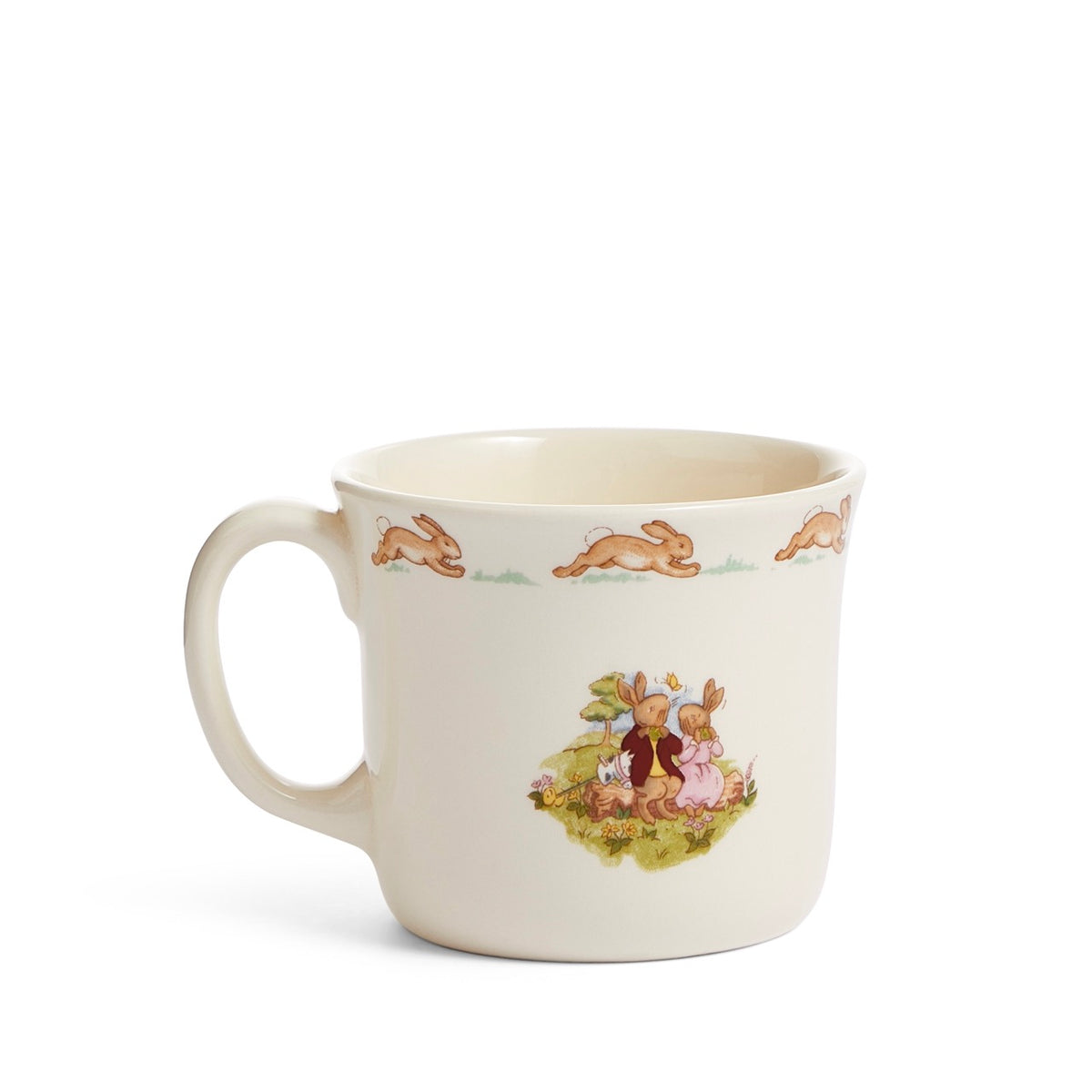 Front view of Bunnykins Hug-a-Mug, 1 Handle showcasing rabbit illustrations and running bunny border with white background