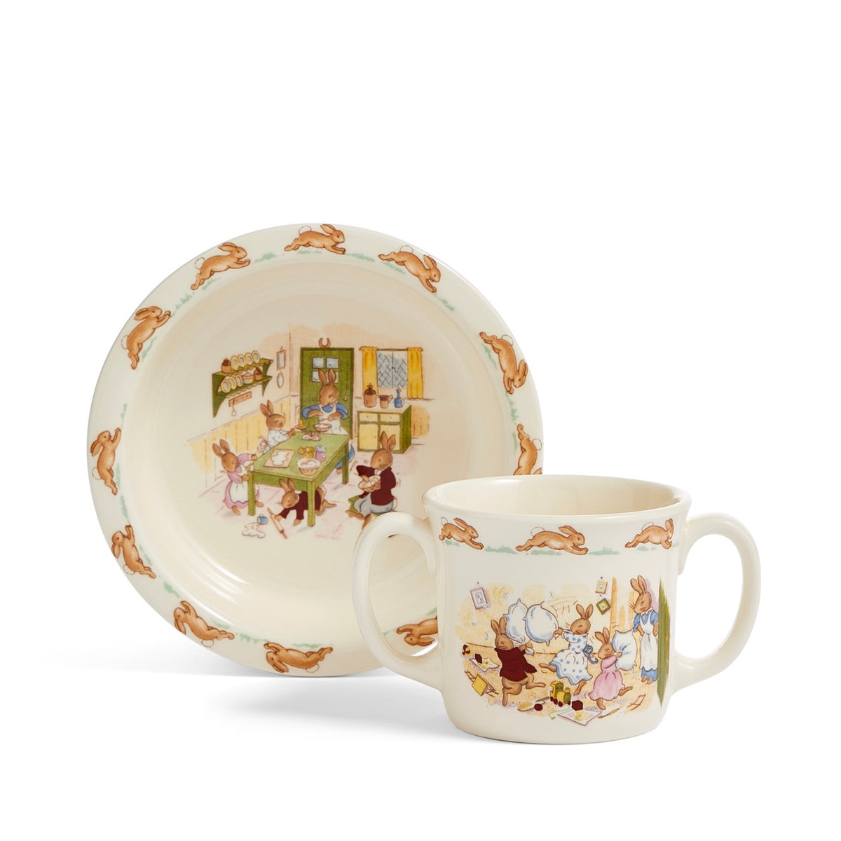Front view of Bunnykins Baby Bowl and 2 Handle Mug 2 Piece Set showcasing rabbit illustrations on white background