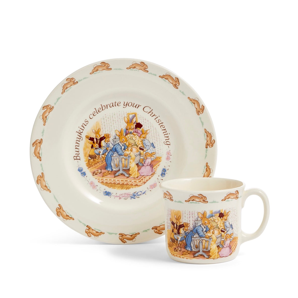 Front view of Bunnykins Christening Plate and Mug two piece set showcasing rabbit christening scenes on fine bone china