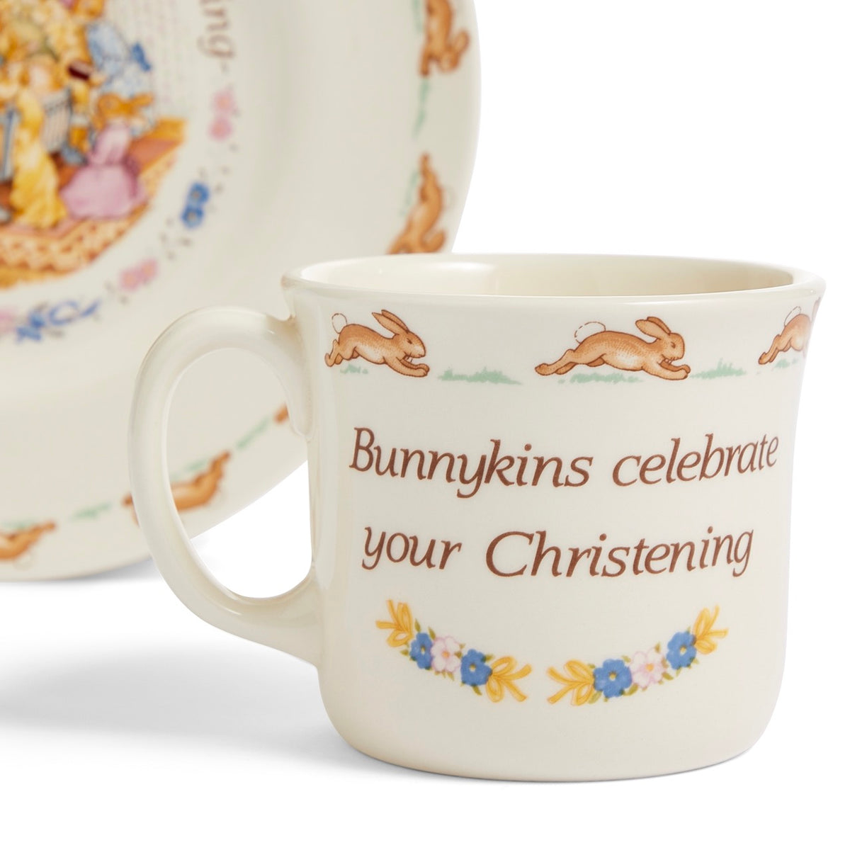 Front view of Bunnykins Christening Plate and Mug 2 Piece Set showcasing rabbit motif and christening message